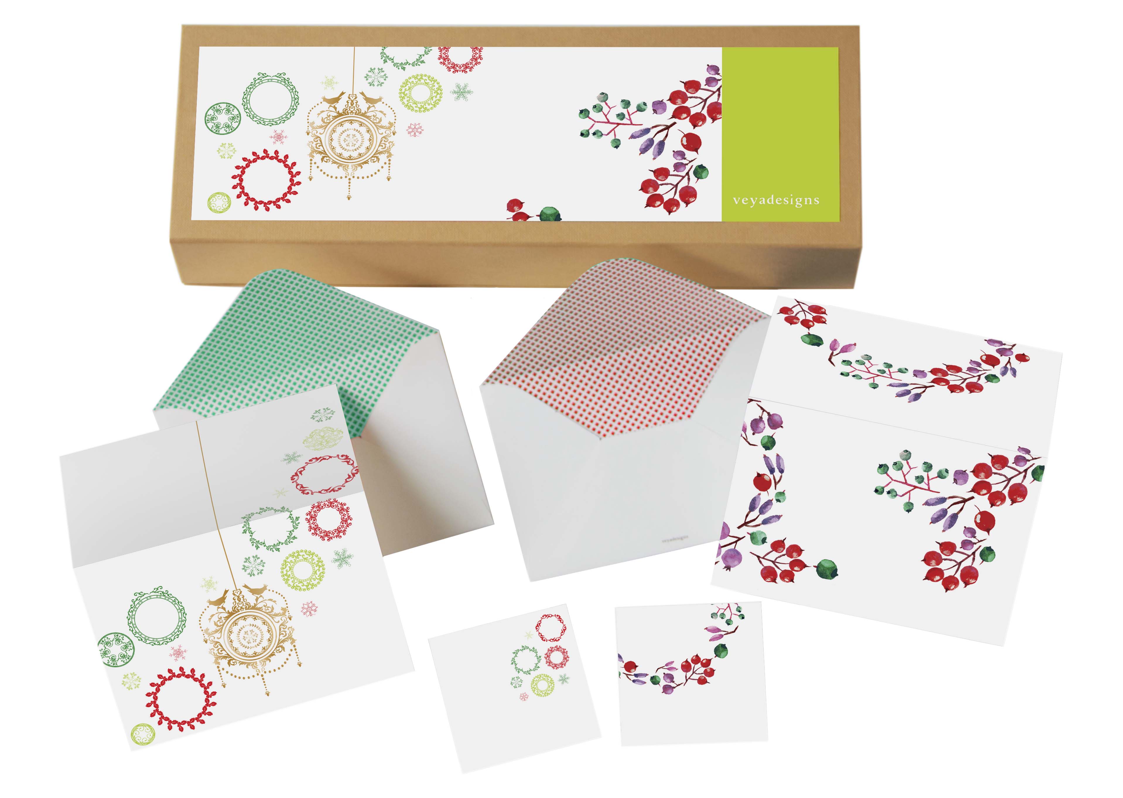 Watercolor Wreath and Floating Snowflakes Holiday Cards